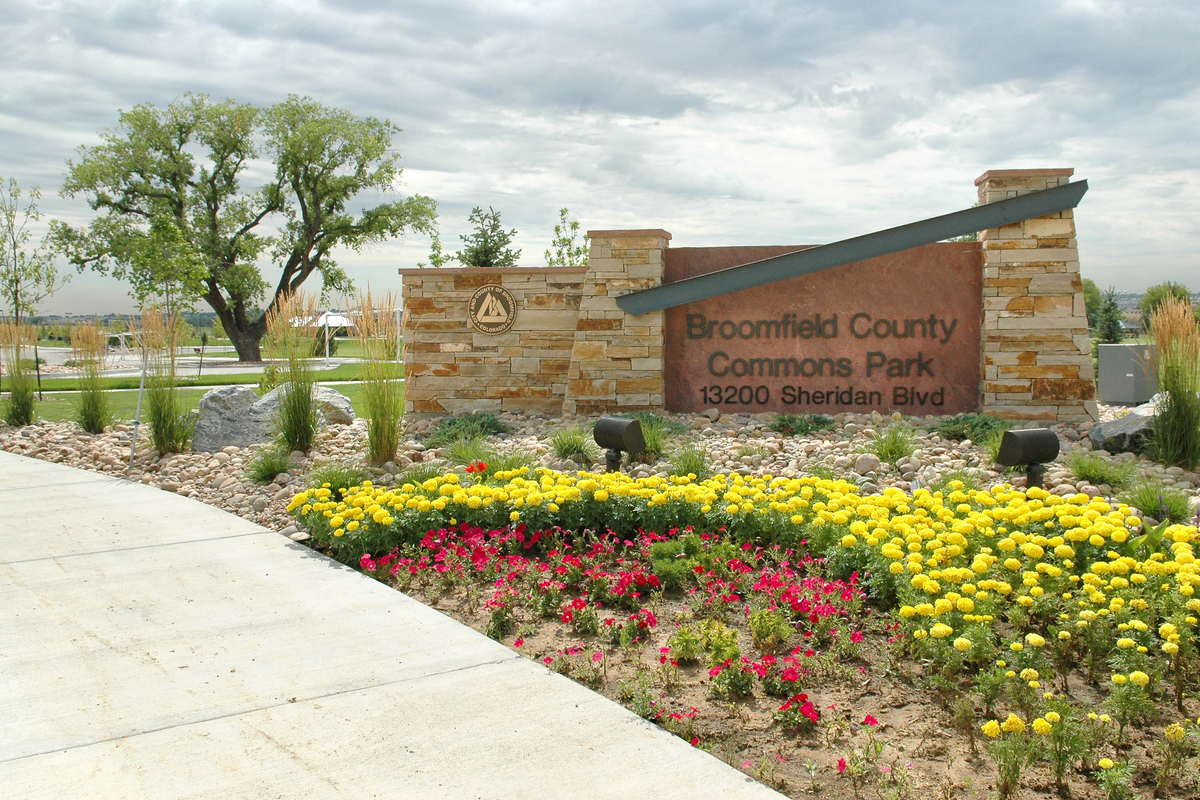 The Broomfield County Commons Park entrance sign.